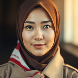 A close-up portrait of a woman wearing a dark brown hijab and a beige uniform with a red and white scarf draped around her neck