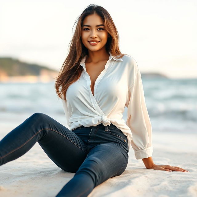 A beautiful Indonesian woman named Julia Verity with impressively large breasts, wearing a neatly arranged loose white blouse that softly covers her body in a casual yet elegant manner