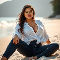 A beautiful Indonesian woman named Julia Verity with impressively large breasts, wearing a neatly arranged loose white blouse that softly covers her body in a casual yet elegant manner