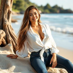 A beautiful Indonesian woman named Julia Verity with impressively large breasts, wearing a neatly arranged loose white blouse that softly covers her body in a casual yet elegant manner