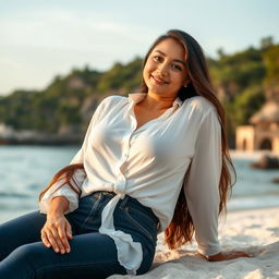 A beautiful Indonesian woman named Julia Verity with impressively large breasts, wearing a neatly arranged loose white blouse that softly covers her body in a casual yet elegant manner