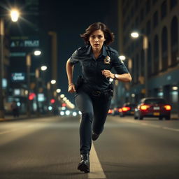 A female police officer in a dynamic pose, sprinting down a city street at night