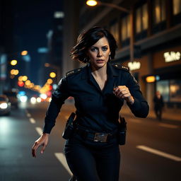 A female police officer in a dynamic pose, sprinting down a city street at night