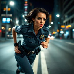 A female police officer in a dynamic pose, sprinting down a city street at night