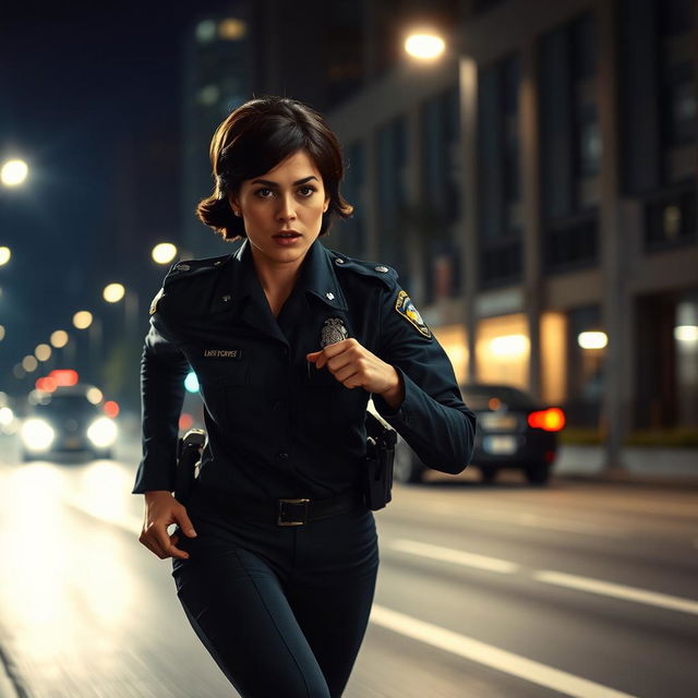 A female police officer in a dynamic pose, sprinting down a city street at night