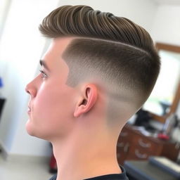 A stylish low fade haircut on a young man, showcasing smooth and well-blended transitions from short to longer hair on top