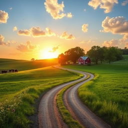 A serene rural landscape featuring lush green fields, rolling hills, and a clear blue sky with fluffy white clouds