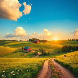 A serene rural landscape featuring lush green fields, rolling hills, and a clear blue sky with fluffy white clouds