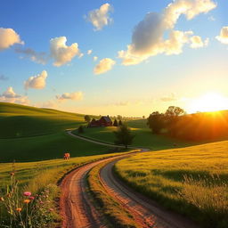 A serene rural landscape featuring lush green fields, rolling hills, and a clear blue sky with fluffy white clouds