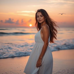 A woman standing on a beach during sunset, with waves crashing lightly against the shore