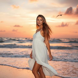 A woman standing on a beach during sunset, with waves crashing lightly against the shore