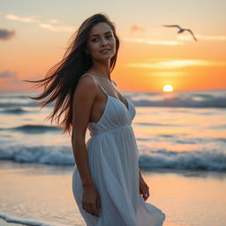A woman standing on a beach during sunset, with waves crashing lightly against the shore
