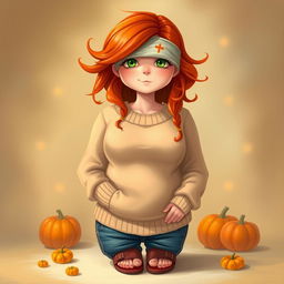 A heartfelt portrait of Harmony, a nurturing 36-year-old woman with pale skin and a voluptuous figure, standing at 5'5" tall