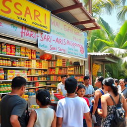 A vibrant and colorful sari-sari store in the Philippines, bustling with local customers
