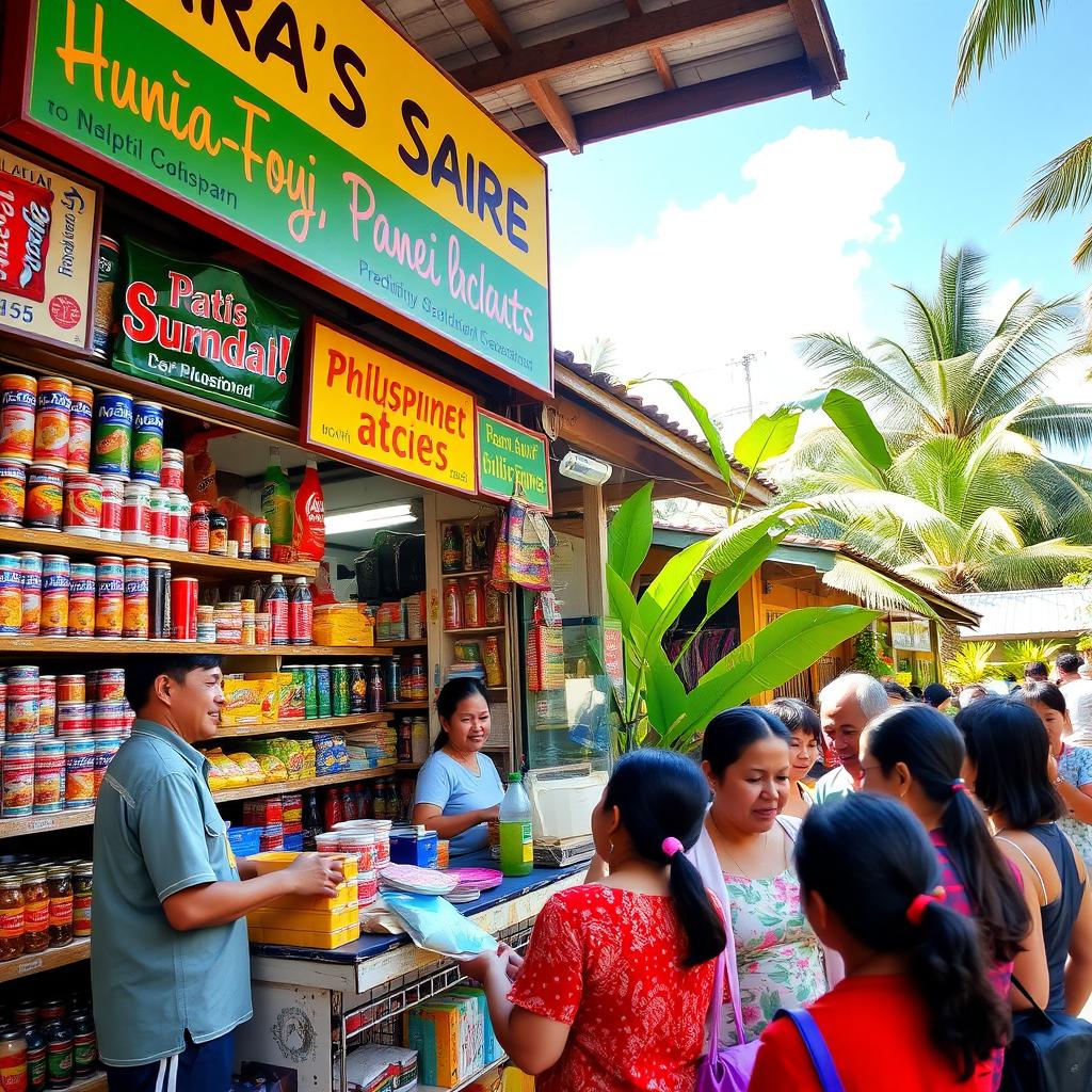 A vibrant and colorful sari-sari store in the Philippines, bustling with local customers