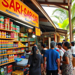 A vibrant and colorful sari-sari store in the Philippines, bustling with local customers
