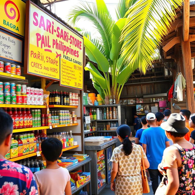 A vibrant and colorful sari-sari store in the Philippines, bustling with local customers