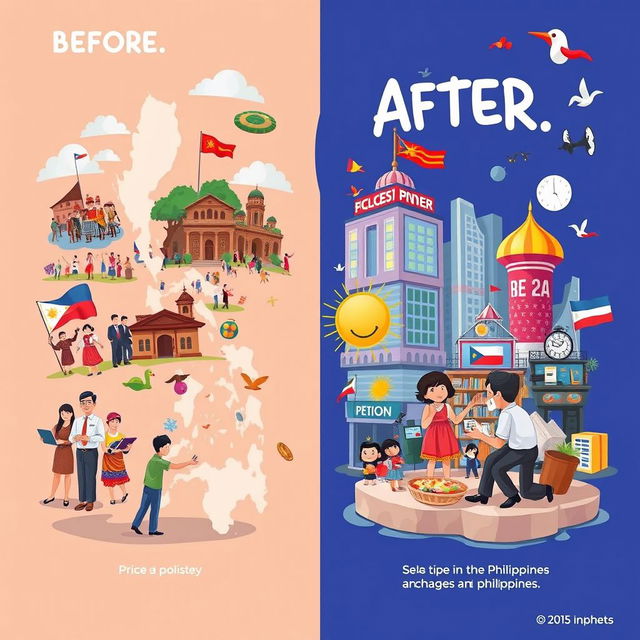 A visually engaging 10x15 inch poster illustrating the social, political, and cultural changes in the Philippines