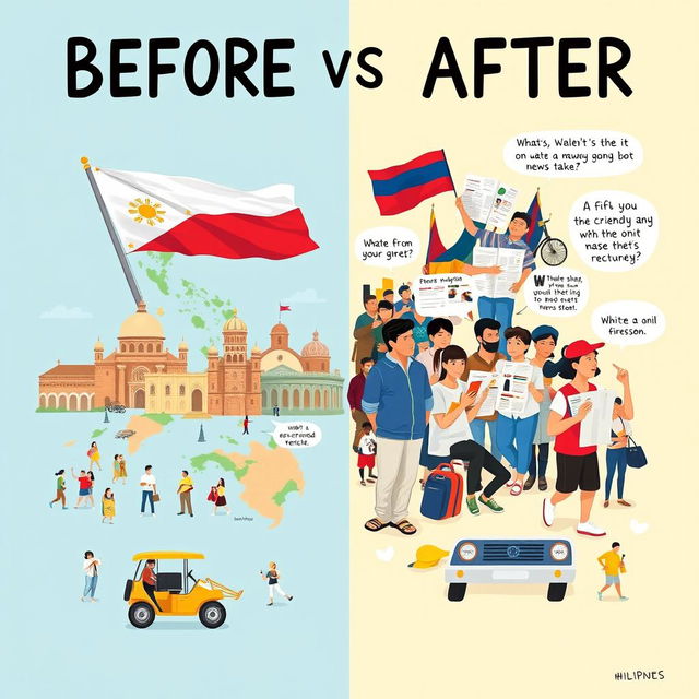 A captivating 10x15 inch poster illustrating the social, political, and cultural changes in the Philippines, showcasing a 'before and after' concept