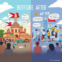 A captivating 10x15 inch poster illustrating the social, political, and cultural changes in the Philippines, showcasing a 'before and after' concept