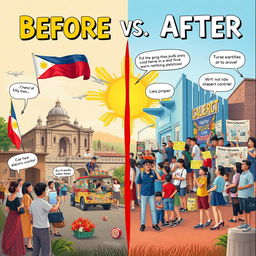 A captivating 10x15 inch poster illustrating the social, political, and cultural changes in the Philippines, showcasing a 'before and after' concept