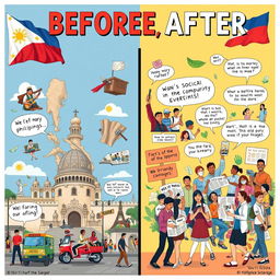 A captivating 10x15 inch poster illustrating the social, political, and cultural changes in the Philippines, showcasing a 'before and after' concept