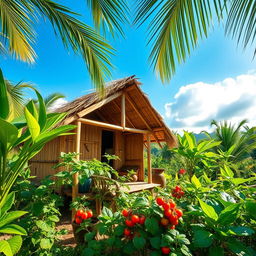 A picturesque scene of a traditional Nipa hut located in the lush green countryside of the Philippines