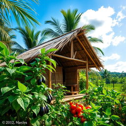 A picturesque scene of a traditional Nipa hut located in the lush green countryside of the Philippines