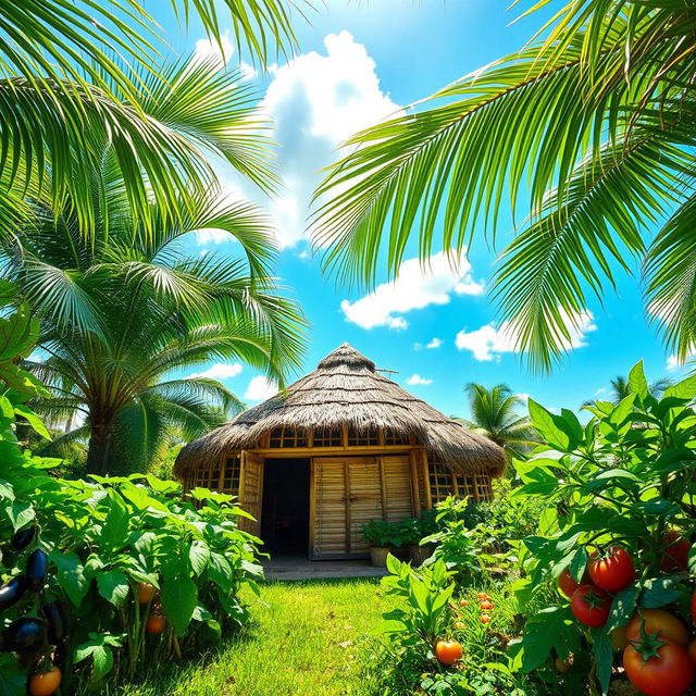 A picturesque scene of a traditional Nipa hut located in the lush green countryside of the Philippines