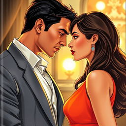 A cover illustration depicting a dramatic scene between a man and a woman locked in a sharp gaze