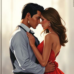A cover illustration depicting a dramatic scene between a man and a woman locked in a sharp gaze