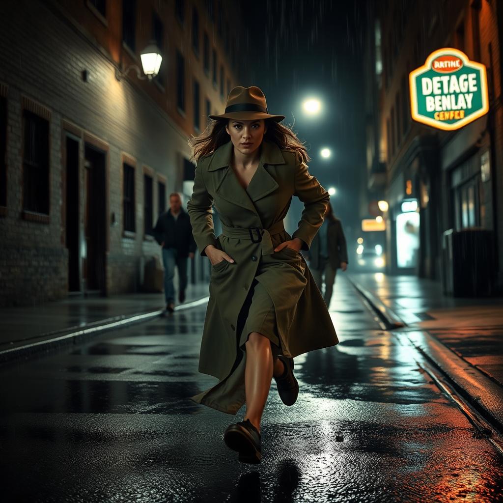 A female detective in a stylish trench coat and fedora, chasing after a suspect through a dimly lit urban street at night