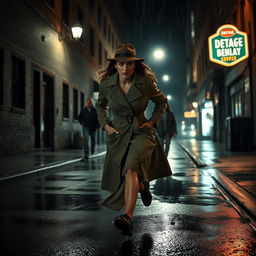 A female detective in a stylish trench coat and fedora, chasing after a suspect through a dimly lit urban street at night
