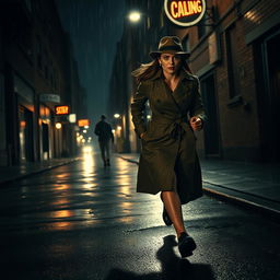 A female detective in a stylish trench coat and fedora, chasing after a suspect through a dimly lit urban street at night