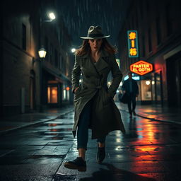 A female detective in a stylish trench coat and fedora, chasing after a suspect through a dimly lit urban street at night
