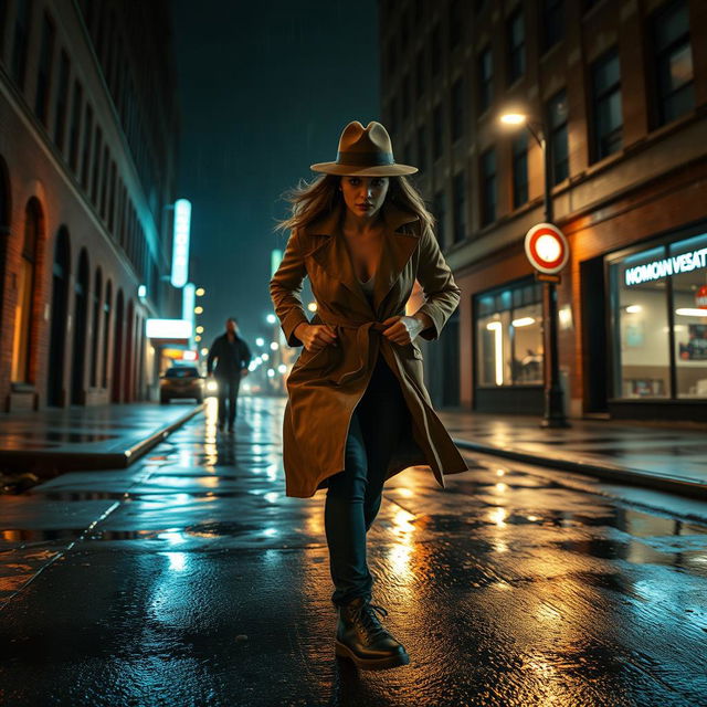 A female detective in a stylish trench coat and fedora, chasing after a suspect through a dimly lit urban street at night