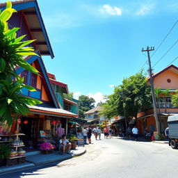 A vibrant store situated along a bustling barangay road in the Philippines, featuring clusters of colorful local architecture