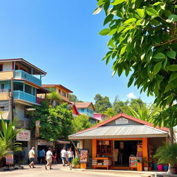 A vibrant store situated along a bustling barangay road in the Philippines, featuring clusters of colorful local architecture