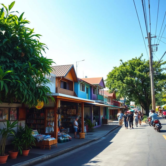 A vibrant store situated along a bustling barangay road in the Philippines, featuring clusters of colorful local architecture