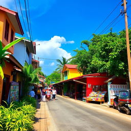 A vibrant store situated along a bustling barangay road in the Philippines, featuring clusters of colorful local architecture