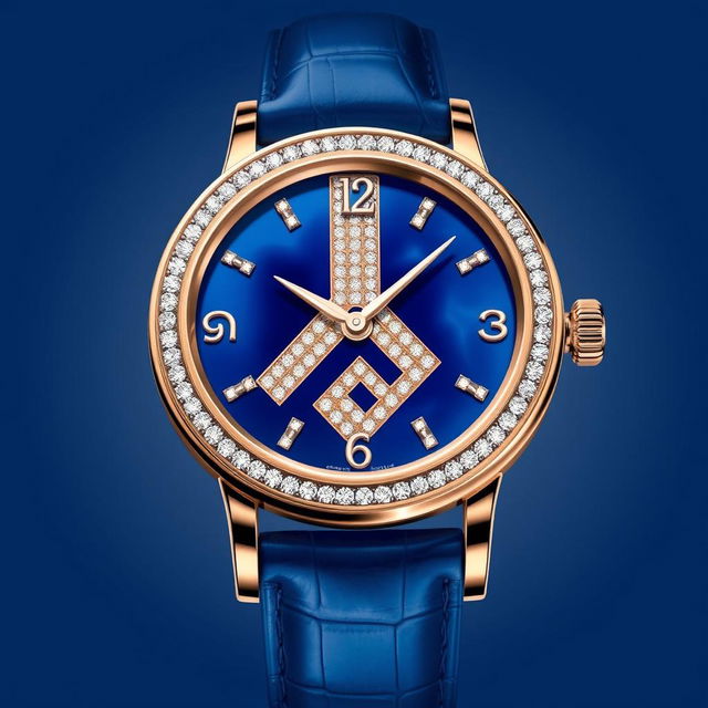 A stunning close-up digital illustration of a Jaeger Lecoultre wristwatch featuring a luxurious rose gold case paired with a rich blue leather strap