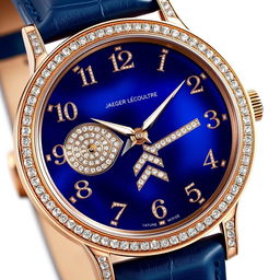 A stunning close-up digital illustration of a Jaeger Lecoultre wristwatch featuring a luxurious rose gold case paired with a rich blue leather strap