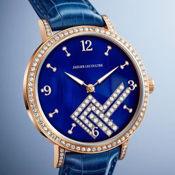 A stunning close-up digital illustration of a Jaeger Lecoultre wristwatch featuring a luxurious rose gold case paired with a rich blue leather strap
