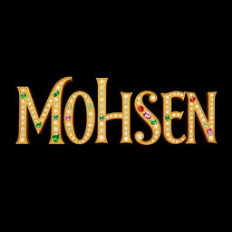 The word 'Mohsen' beautifully crafted in a royal, gold, and jeweled font