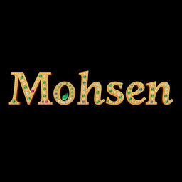The word 'Mohsen' beautifully crafted in a royal, gold, and jeweled font