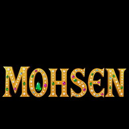 The word 'Mohsen' beautifully crafted in a royal, gold, and jeweled font