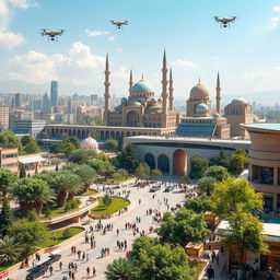 A futuristic view of Isfahan in ten years, showcasing modern architecture seamlessly blended with traditional Persian designs