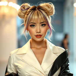 A glamorous portrait of Ishida Misaki, a former popstar from the Japanese idol group 'XD', exuding confidence and charisma