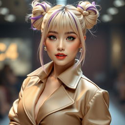 A glamorous portrait of Ishida Misaki, a former popstar from the Japanese idol group 'XD', exuding confidence and charisma