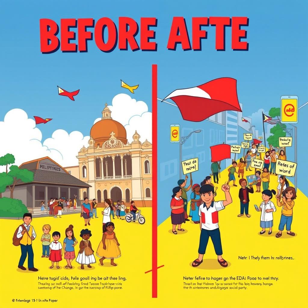 An eye-catching 10x15 inch poster that vividly portrays the social, political, and cultural changes in the Philippines, utilizing a clear 'before and after' theme